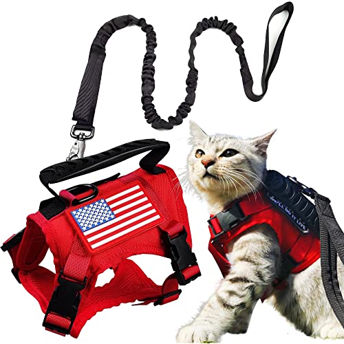 Tactical Cat Harness and Leash for Walking Escape Proof, Adjustable Military K9 Pet Vest Harness Easy Control for Large Cat, Puppy and Small Dog (Red) - color: Red