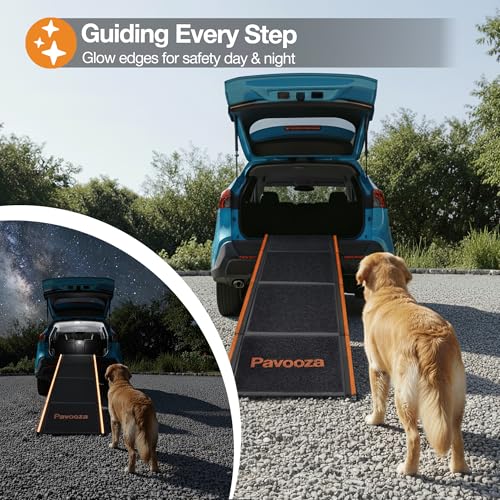 71"×20" Extra Wide Dog Ramp for Car, SUV & Truck – Folding Aluminum Pet Ramps for Large Dogs up to 250 lbs, Non-Slip Surface & Glow Edges, Foldable Portable Ramp for Side Door or Porch Steps