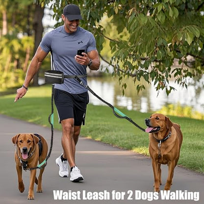Hands Free Double Dog Leash No-Pull Bungee Black/Blue Large Dogs | Dual-dog waist/crossbody for Walking running, bungee no-pull, storage pouch, reflective, 2 padded handles - size: 2 Leashes