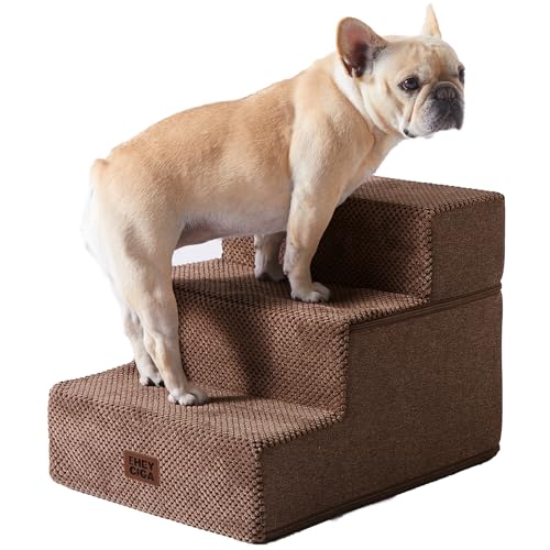 EHEYCIGA Dog Stairs for Small Dogs 13.5" H, 3-Step Dog Steps for Couch Sofa and Chair, Pet Steps for Medium Cats, Non-Slip Balanced Pet Ramp Indoor, Brown - color: Brown, size: Standard 15" x 18" x 13.5"