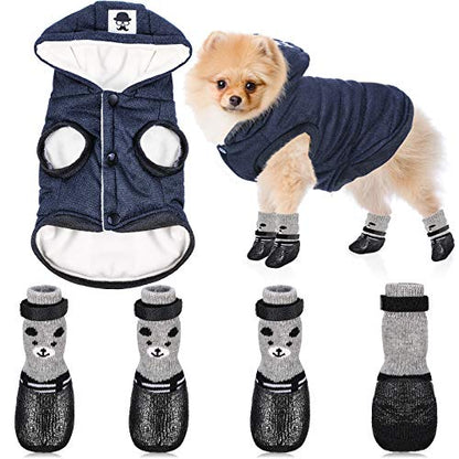Winter Dog Coat Warm and Cat Boots Shoes Socks Waterproof Puppy Jacket Small Dog Booties Paw Protectors Stylish Hooded Coat for Puppy(Navy Blue,S) - size: S