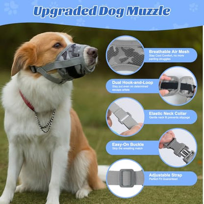 Dog Muzzle with Escape-Proof Elastic Neck Collar, Soft Breathable Air Mesh Mouth Cover Stops Biting Barking Chewing Allows Drinking Panting, Adjustable Muzzle for Small Medium Large Dogs - color: Gray, size: S