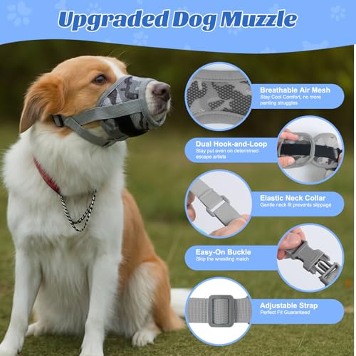 Dog Muzzle with Escape-Proof Elastic Neck Collar, Soft Breathable Air Mesh Mouth Cover Stops Biting Barking Chewing Allows Drinking Panting, Adjustable Muzzle for Small Medium Large Dogs - color: Gray, size: L