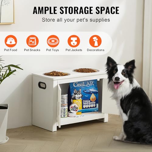 VEVOR Elevated Pet Bowls with Storage Cabinet, Feeding Station with 2 Raised Bowls, Wooden Stand with Handles & Magnetic Doors, Pet Feeder & Toy Organizer, White - size: 23.62x11.81x17.32 inch
