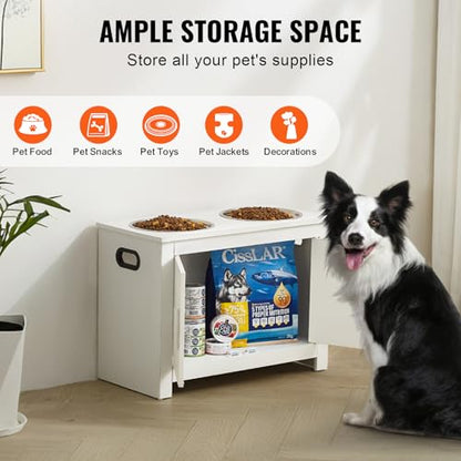 VEVOR Elevated Pet Bowls with Storage Cabinet, Feeding Station with 2 Raised Bowls, Wooden Stand with Handles & Magnetic Doors, Pet Feeder & Toy Organizer, White - size: 23.62x11.81x17.32 inch