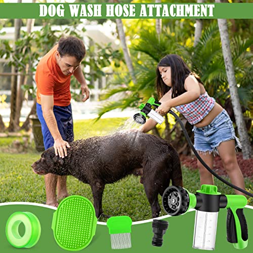 Dog Wash Sprayer Outdoor, 8-in-1 Dog Sprayer Hose Attachment with Massage Brush and Pet Grooming Comb, 3/4 Inch Standard Garden Hose Nozzle for Watering Flowers, Car Washing, Pet Bathing(Green)