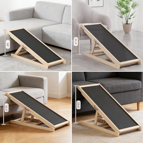 Dog Ramp for Bed Couch Car, 39.4" Long Wooden Steps for Small Pets | 6 Heights 18"-23.6", Holds 200 lbs, Foldable, No Assembly, For Older/Injured Small Pets, Solid Wood, Anti-slip Yoga Mat - size: 39.4"L x 14.5"W x 3.3"H