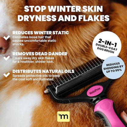 MalsiPree Dog Brush - Pink, 2-in-1 Undercoat & Dematting Rake | 2-in-1 undercoat rake & dematting brush - deshedding tool - Use for medium to large double-coated dogs & cats - color: Pink