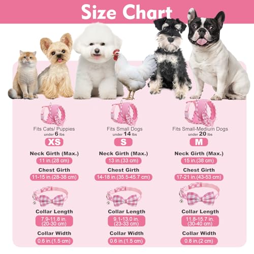 EXPAWLORER 귀여운 강아지 하네스 칼라 목줄 세트 - 핑크 여아용 강아지 하네스 체크 무늬 스텝인 디자인, 탈착식 리본 반려동물 칼라, 조절 가능한 목 졸림 없는 경량 메시 조끼 고양이 강아지 소형견용, S - color: 핑크(칼라 포함), size: 스몰