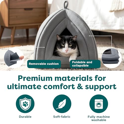 FurHaven Cat Bed Cave for Indoor Cats & Small Dogs, Washable & Foldable Pet Tent with Removable Cushion, Small, Polar Fleece, Heather Gray