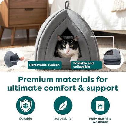FurHaven Cat Bed Cave for Indoor Cats & Small Dogs, Washable & Foldable Pet Tent with Removable Cushion, Small, Polar Fleece, Heather Gray