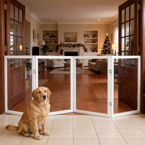 Extra Wide Clear Dog Gate 31" Tall Clear Acrylic Freestanding Dog gate Transparent Pet Gate for Doorways Stairs 4 Panel(55"-92" W) - size: 31"H x 96"W (4 Panels x 24"W Each)