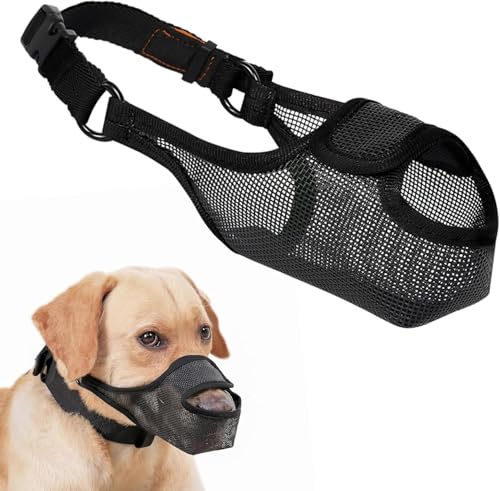 LUCKYPAW Dog Muzzle, Mesh Muzzle for Large Medium Small Dogs Allows Full Pant Drinking Mouth Cover to Prevent Biting Chewing Scavenging Adjustable Breathable (XS, Black) - size: XS-Snout:6.5-7.5"