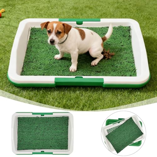 Dog Grass Pad with Tray, 17" x 12" Artificial Grass Pee Pad Set for Dogs, Easy to Clean, Reusable Quickly Absorbency Puppy Pee Pads for Potty Training, Litter Box Toilet for Indoor and Outdoor (Green)