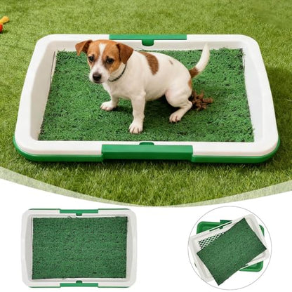 Dog Grass Pad with Tray, 17" x 12" Artificial Grass Pee Pad Set for Dogs, Easy to Clean, Reusable Quickly Absorbency Puppy Pee Pads for Potty Training, Litter Box Toilet for Indoor and Outdoor (Green)