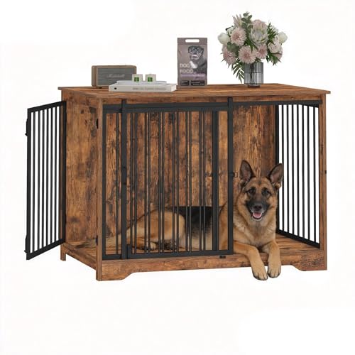 Hzuaneri 43.3" Dog Crate Furniture with Barn Door, Heavy Duty Dog Kennel Indoor with 2 Doors, Wooden Pet Cage End Table for Large Small Medium Dogs, Anti-Chew Anti-Escape, Rustic Brown DFC92301B - color: Rustic Brown, size: 43.3"L x 27.5"W x 31.8"H