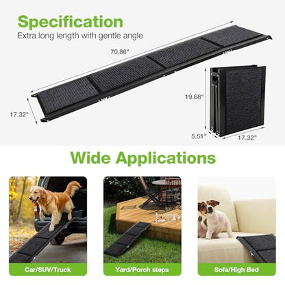 FAHKNS Dog Ramp for Car, 71" x 17" Extra Long Wide Folding Pet Ramp, Non-Slip Rug Surface, Aluminum, Black, Up to 300 LBS - size: Upgraded 71" L x 17.3" W
