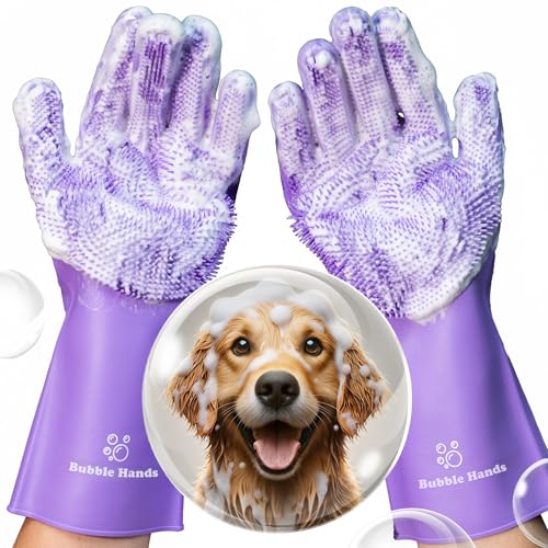 Dog Shampoo Gloves for Bathing – Silicone Dog Washing Gloves with Bristles – Pet Hair Removal Glove for Dogs & Cats – Puppy Essentials – Dog Grooming Supplies & Accessories – Shampoo Brush for Pets - color: Purple