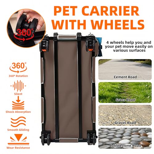 Large Cat Carrier with Wheels for 2 Cat, Double Rolling Pets Carrier on Wheel, Folding Soft-Sided Carriers with Telescopic Handle, Shoulder Strap Removable Soft-Sided Bag for Car, Vet, Outing - color: Brown