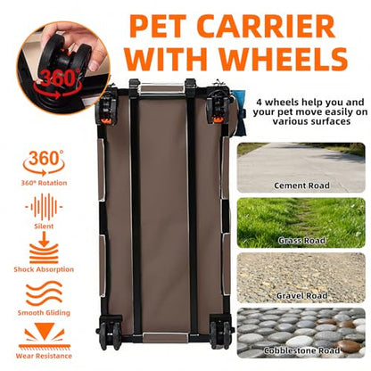Large Cat Carrier with Wheels for 2 Cat, Double Rolling Pets Carrier on Wheel, Folding Soft-Sided Carriers with Telescopic Handle, Shoulder Strap Removable Soft-Sided Bag for Car, Vet, Outing - color: Brown