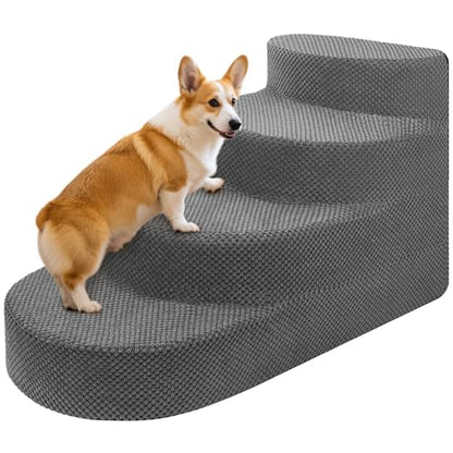 Dog Stairs 4 Steps Foam Pet Ramp for Small Dogs Cats, Grey | Non-slip foam stairs with washable cover, ideal for beds & sofas. Sturdy, safe & easy to clean. - color: Gray-4-Step