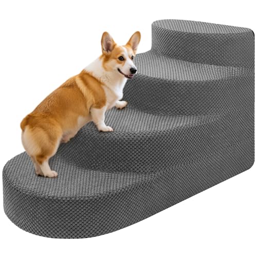 Dog Stairs 4 Steps Foam Pet Ramp for Small Dogs Cats, Grey | Non-slip foam stairs with washable cover, ideal for beds & sofas. Sturdy, safe & easy to clean. - color: Gray-4-Step
