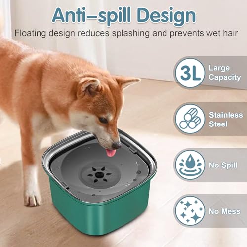 UPSKY 3L Dog Water Bowl 101oz Stainless Steel No Spill Large Capacity Dog Food Water Bowl Slow Water Feeder, Spill Proof Pet Water Dispenser Vehicle Carried Travel Water Bowls - color: K-Dark Green