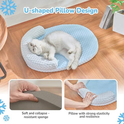 Summer Cat Cooling Mat - Cooling Cat Bed for Cats or Small Dogs, Cat Summer Sleeping Beds with U-Pillow Soft and Comfortable, Calming Cozy Cat Cushion Washable, Non-Slip Bottom Removable - color: Blue against Grey