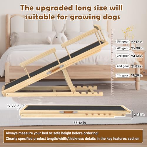 Dog Ramp for Bed and Couch 55" with Non-Slip Surface & Side Rails | 6 Adjustable Heights (19.7"-27.6"), 250 lb Capacity, Safe Mobility for Senior Large Dogs, Non-Slip Silicone Surface - size: 55.11"L*20.21"W*19.68"~27.55"H