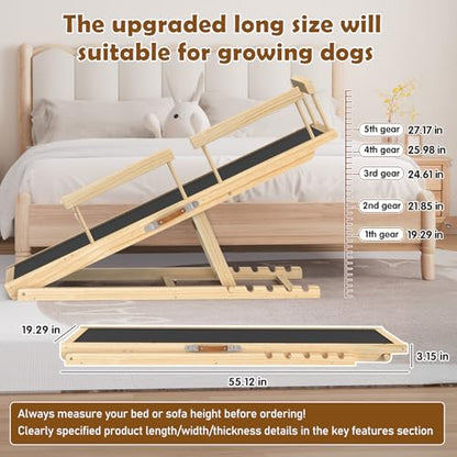 Dog Ramp for Bed and Couch 55" with Non-Slip Surface & Side Rails | 6 Adjustable Heights (19.7"-27.6"), 250 lb Capacity, Safe Mobility for Senior Large Dogs, Non-Slip Silicone Surface - size: 55.11"L*20.21"W*19.68"~27.55"H