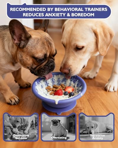 Dog Lick Bowl, Non-Slip Slow Feeder Licking Mat & Treat Dispenser (Wide Bowl Mouth w/Inlaid Stainless Steel Ring) - Interactive Toys, Anxiety Reducer, Freeze Bone for Dogs, BPA Free Silicone - color: purple
