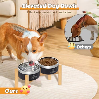 UPSKY Elevated Dog Bowls – 27oz Stainless Steel Anti-Spill Set with Wooden Stand, Double Raised Bowls for Small/Medium Dogs to Reduce Neck Strain & Improve Digestion - color: Black