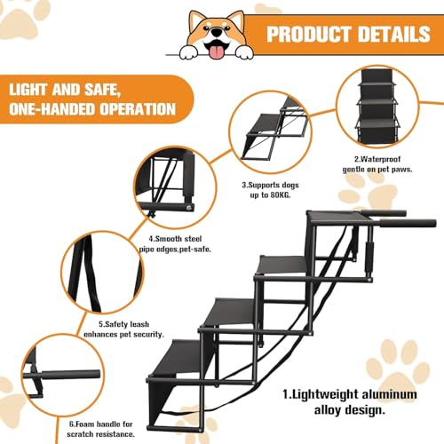 Dog Stairs for Car, Foldable Ramps for Dogs with Non-Slip Surface for Large Dogs Portable Dog Steps for Cars and SUV, Truck to 200 lbs, 4 Steps