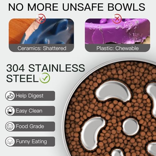 Slow Feeder Dog Bowl-2Cups for Medium Breeds, Double-Layer Stainless Steel, Heavy-Duty with Non-Slip Rubber Base, Puzzle Maze Bowl to Slow Down Eating [2Pack] - color: Spiral-2Pack, size: M 2~2.5Cups