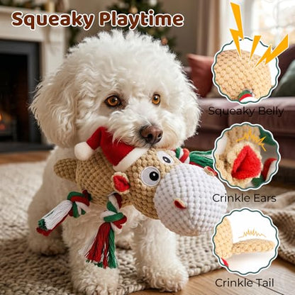 Dog Toys for Small Medium Dogs - Squeaky Hippo Plush Dog Toys with Crinkle Paper, Cotton Ropes for Tug Games - color: Christmas Hippo