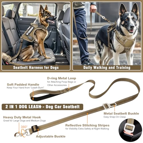 Tactical Dog Harness and Leash Set Medium Sized Dog,Heavy Duty No Pull Service Dog Vest and 10 Patches with Dog Seat Belt,Reflective Adjustable Pet Harness for Training Walking Hiking Brown M - color: Brown, size: Medium