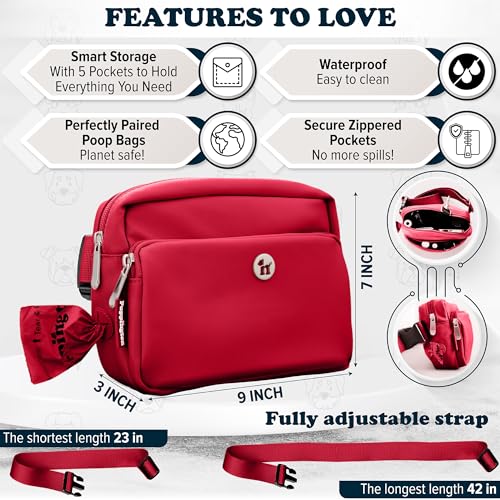 Puppington 3-in-1 Crossbody Dog Walking Bag & Treat Pouch with Matching Planet Safe Poop Bags & Built-In Dispenser - Dog Mom Gift for Puppy Training with Zippered Pockets (Ruby Red) - color: Ruby Red