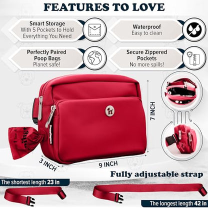 Puppington 3-in-1 Crossbody Dog Walking Bag & Treat Pouch with Matching Planet Safe Poop Bags & Built-In Dispenser - Dog Mom Gift for Puppy Training with Zippered Pockets (Ruby Red) - color: Ruby Red