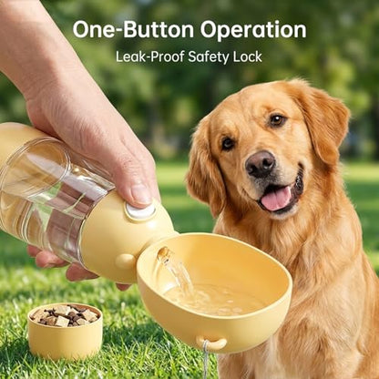 2-in-1 Dog Water Bottle, 400ML Water + 200ML Food Leak-Proof Pet Travel Water Dispenser with Detachable Bowl, BPA-Free Portable Dog Water Bottle for Walking, Hiking, Travel (Yellow) - color: yellow