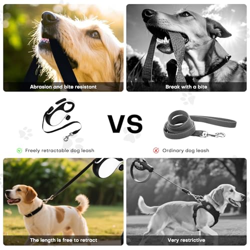 Retractable Dog Leash with Chew Proof Cable,26Ft Heavy Duty Dog Leash for Medium Large Dogs up to 110lbs,360°No Tangle,One-Handed Brake,Pause,Lock(White) - color: White, size: 26ft