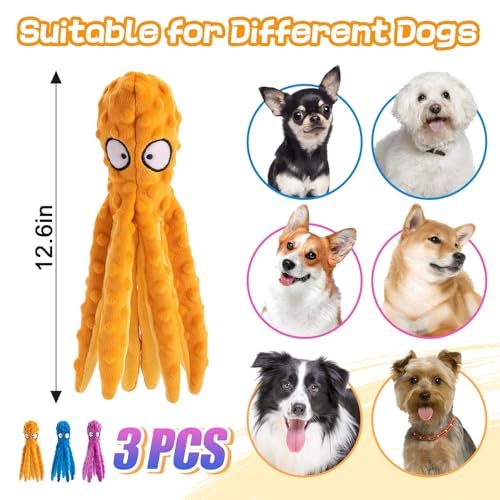 Alphatool Squeaky Dog Toys - 3pcs No Stuffing Octopus Soft Plush Crinkle Toys to Keep Them Busy, Interactive Essentials for Small Medium Pets Dogs Gifts, Blue/Purple/Orange - color: Blue&Purple&Orange