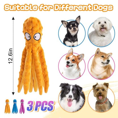 Alphatool Squeaky Dog Toys - 3pcs No Stuffing Octopus Soft Plush Crinkle Toys to Keep Them Busy, Interactive Essentials for Small Medium Pets Dogs Gifts, Blue/Purple/Orange - color: Blue&Purple&Orange