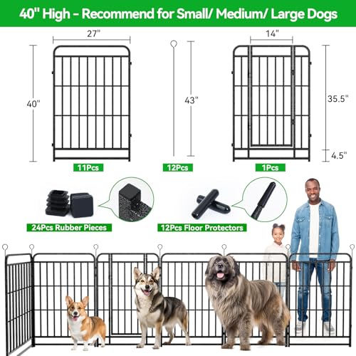 Kfvigoho Heavy Duty Dog Playpen: 12 Steel Panels 40" Height, Square Steel Pipe with Reinforced Crossbars, 27FT 57 Sq.ft Portable Fence for Yard RV Camping, Snowy Black - style: 27"W x 40"H