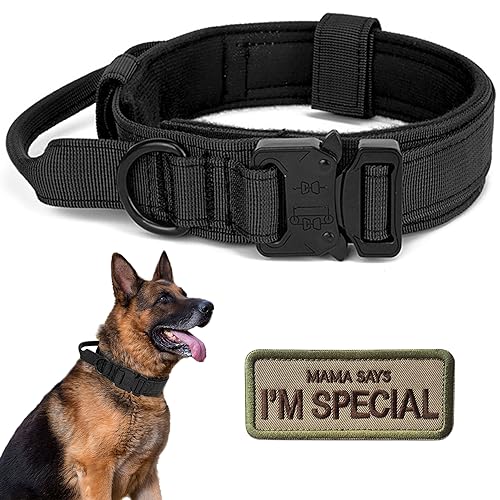Tactical Dog Collar with Handle - Military Adjustable Dog Training Collar Soft Nylon and Heavy Duty Metal Buckle for Medium Large Dogs - with Patch (Black, Large) - color: Black, size: Large