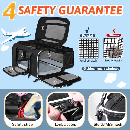 Petskd Top and Side Expandable Pet Carrier 18x11x11 Inches Delta United Airline Approved, Soft-Sided Carrier for Small Cats and Dogs with Locking Safety Zippers and Anti-Scratch Mesh(Black) - color: Black, size: 18.0"L x 11.0"W x 11.0"H