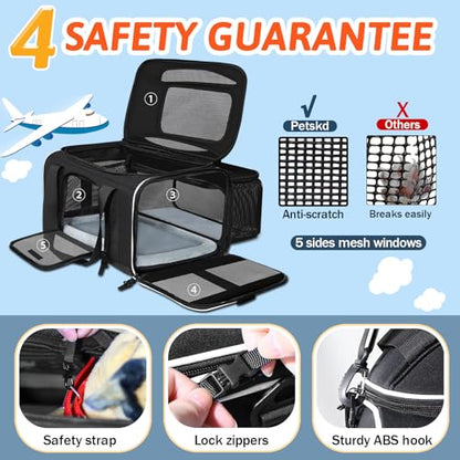 Petskd Top and Side Expandable Pet Carrier 18x11x11 Inches Delta United Airline Approved, Soft-Sided Carrier for Small Cats and Dogs with Locking Safety Zippers and Anti-Scratch Mesh(Black) - color: Black, size: 18.0"L x 11.0"W x 11.0"H