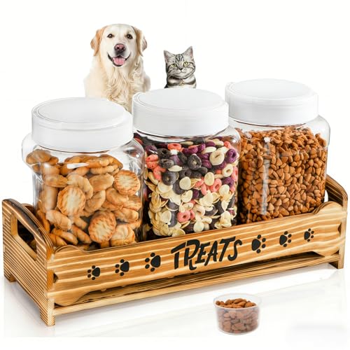 Tlence Dog Treats Container with 3 Plastic Jars, Dog Food Storage Canister with Wooden Stand, Airtight Pet Treat Holder for Dogs and Cats, Dog Snacks Treat Organizer with Scoop for Kitchen Counter