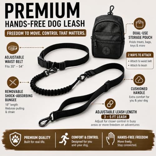 Premium Hands-Free Dog Leash with Pouch, Removable Bungee for Dog Walking, Running & Hiking, Adjustable Waist, Dual Use as Standard Lead, Shock Absorbing for Large & Medium Dogs, Black
