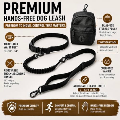 Premium Hands-Free Dog Leash with Pouch, Removable Bungee for Dog Walking, Running & Hiking, Adjustable Waist, Dual Use as Standard Lead, Shock Absorbing for Large & Medium Dogs, Black