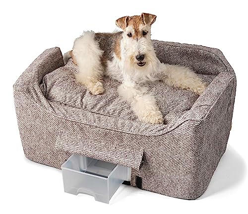 Snoozer Dog Car Seat with Storage Tray: Lookout II Dog Booster Car Seat for Pets up to 34lbs, Helps Alleviate Travel Sickness & Fear for Dogs, Removable Washable Cover – Merlin Linen, Size Large - color: Merlin Linen, size: Large